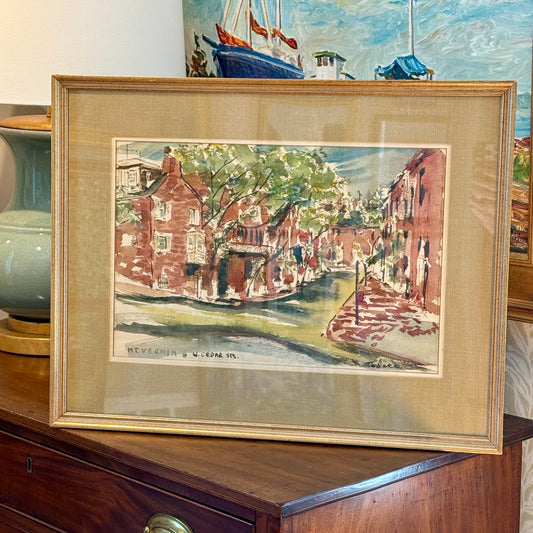 Vintage Beacon Hill Boston Mount Vernon and West Cedar Street Watercolor Cityscape Painting in Gold Frame