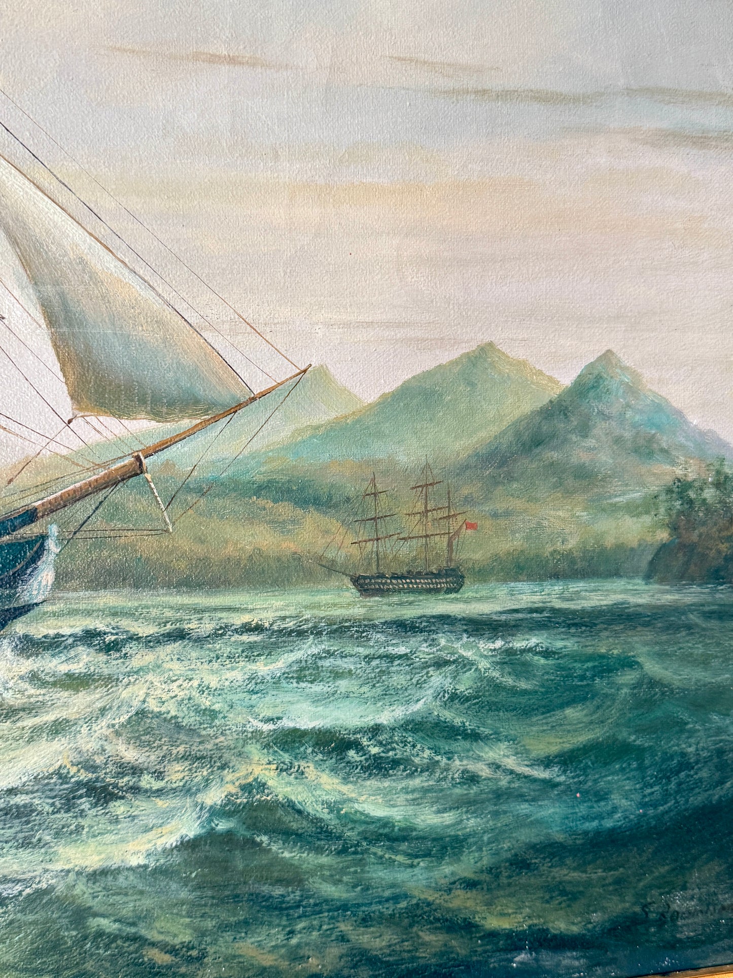 20th Century English Sail Ship Portrait in Seascape Oil Painting in Gold Frame