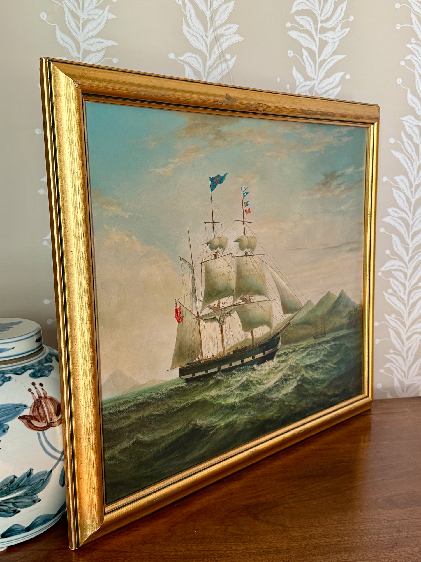 20th Century English Sail Ship Portrait in Seascape Oil Painting in Gold Frame
