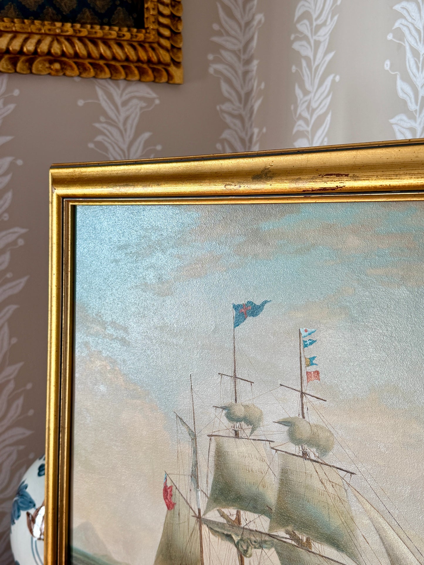20th Century English Sail Ship Portrait in Seascape Oil Painting in Gold Frame