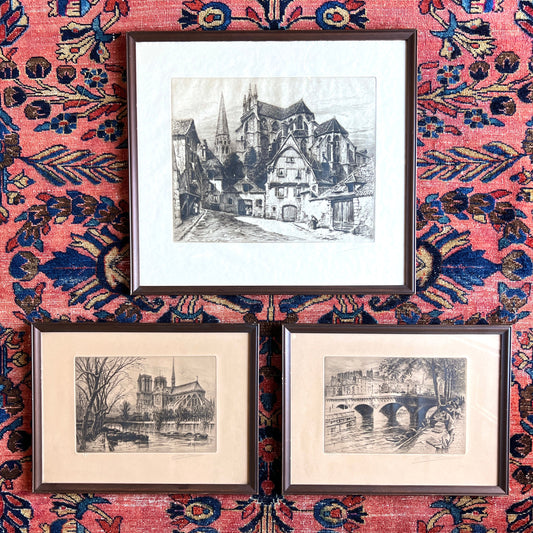 Set of three Charles Pinet 19th century signed etchings of Paris, France