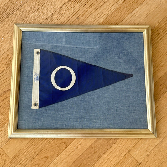 Vintage "O" Burgee Nautical Flag on Blue Chambray Fabric in Gold Frame
