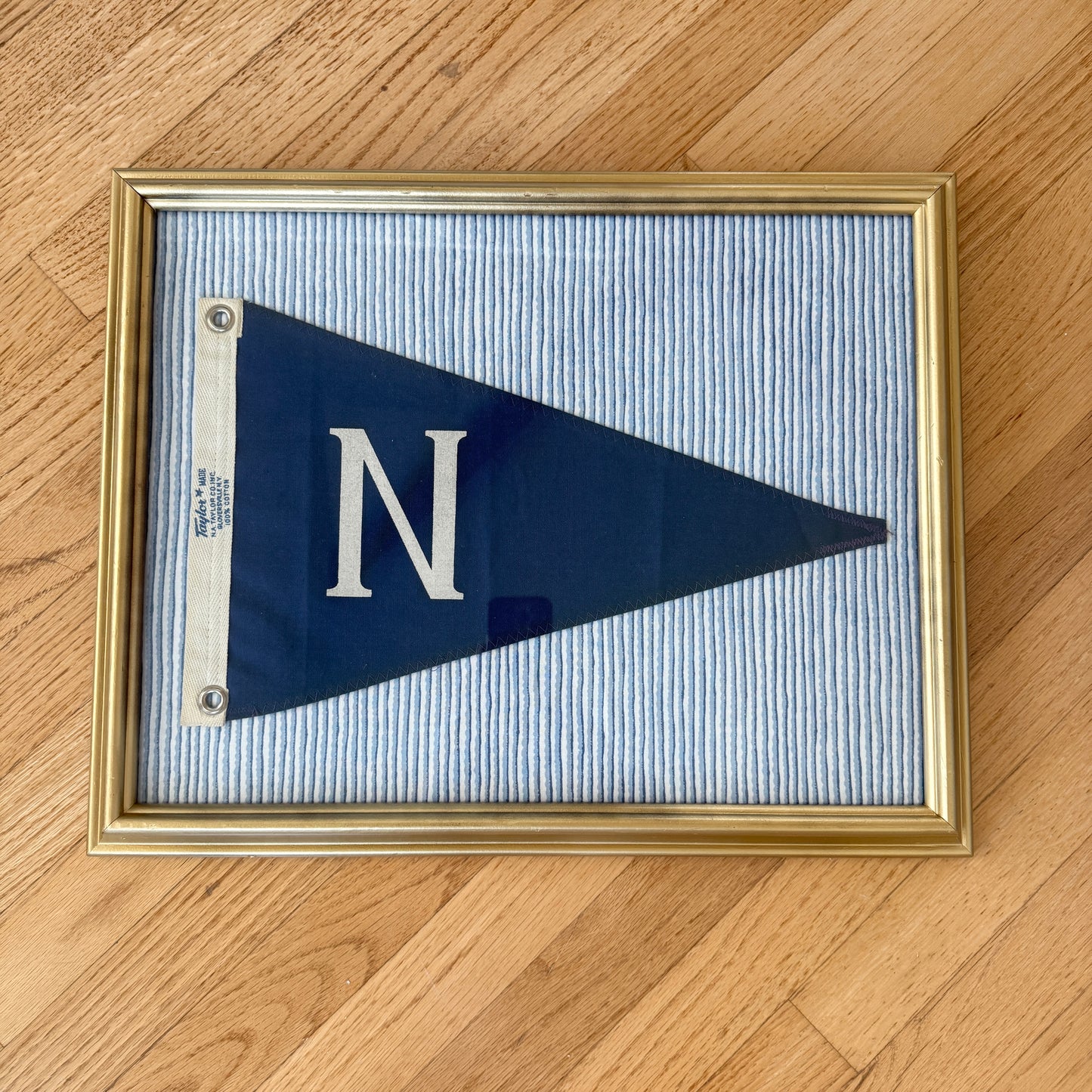 Vintage "N" Burgee Nautical Flag on Blue Wavy Striped Fabric in Gold Frame