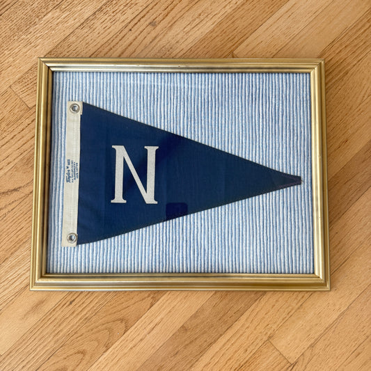 Vintage "N" Burgee Nautical Flag on Blue Wavy Striped Fabric in Gold Frame
