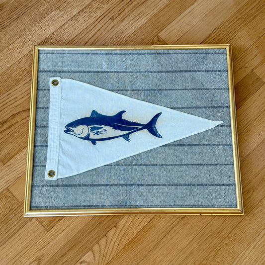 Vintage Cotton Canvas Tuna Nautical Boating Flag on Gray and Navy Striped Fabric in Gold Frame