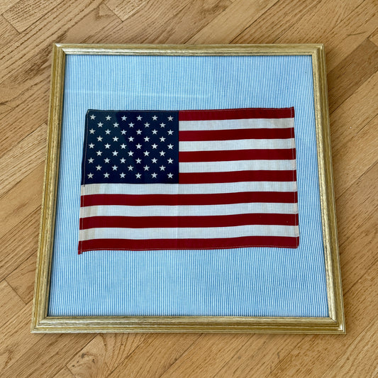 Vintage 50 Staggered Star American Flag on Blue Ticking Stripe Fabric in Gold Frame