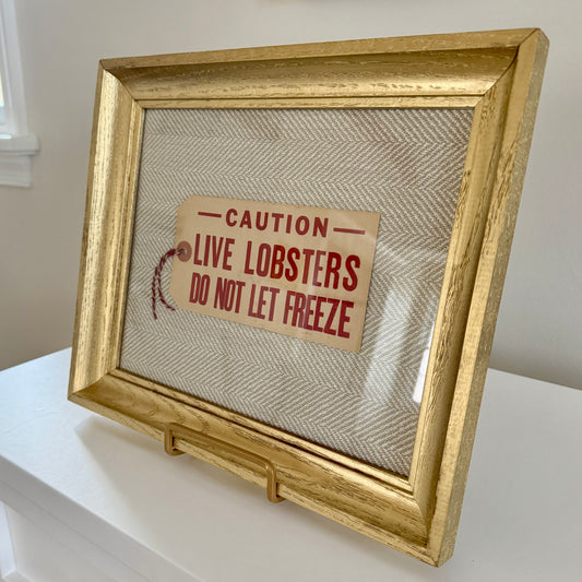 Vintage Maine Live Lobsters Tag on Natural Herringbone Fabric in Gold Frame