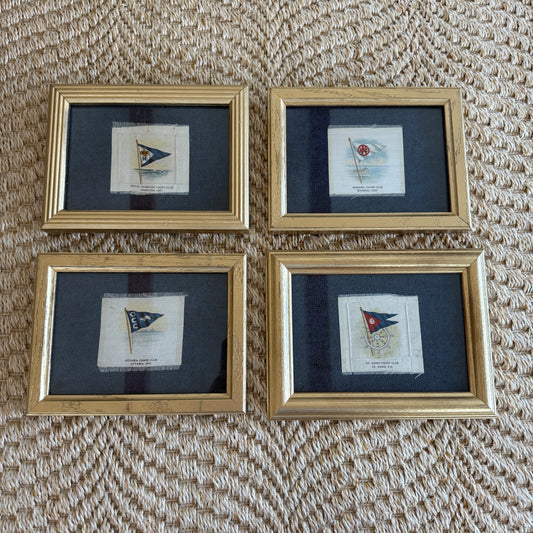 Set of 4 Antique Yacht Boating Club Silks on Navy Linen in Gold Frames (Set A)