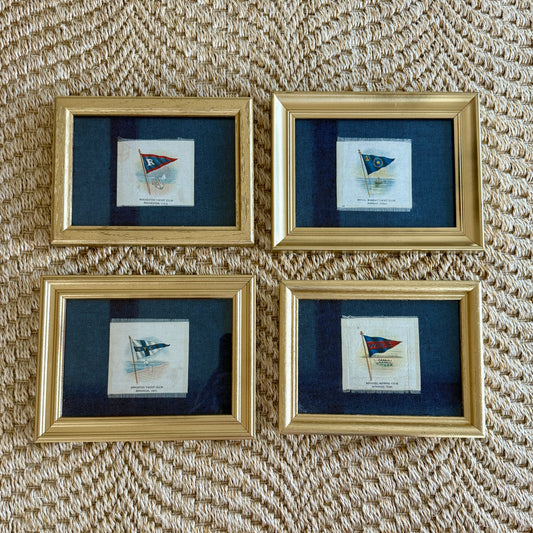 Set of 4 Antique Yacht Boating Club Silks on Navy Linen in Gold Frames (Set B)