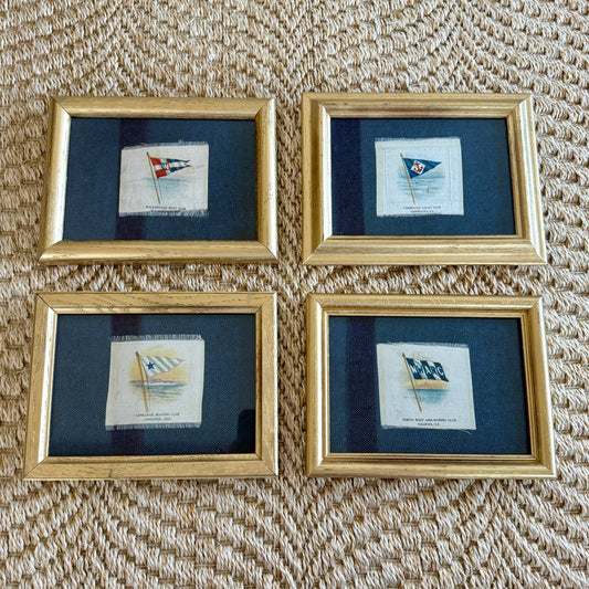 Set of 4 Antique Yacht Boating Club Silks on Navy Linen in Gold Frames (Set C)
