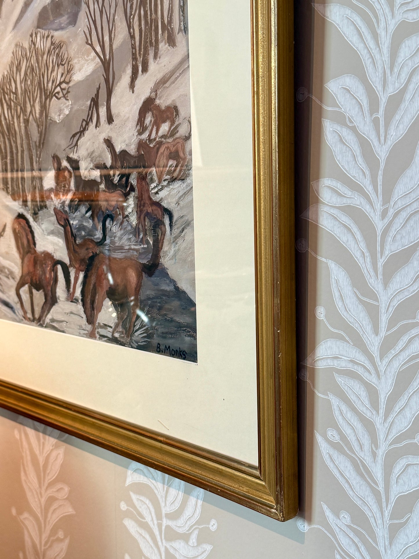 B. Monks Expressionist Wild Horses Oil Painting in Gold Frame