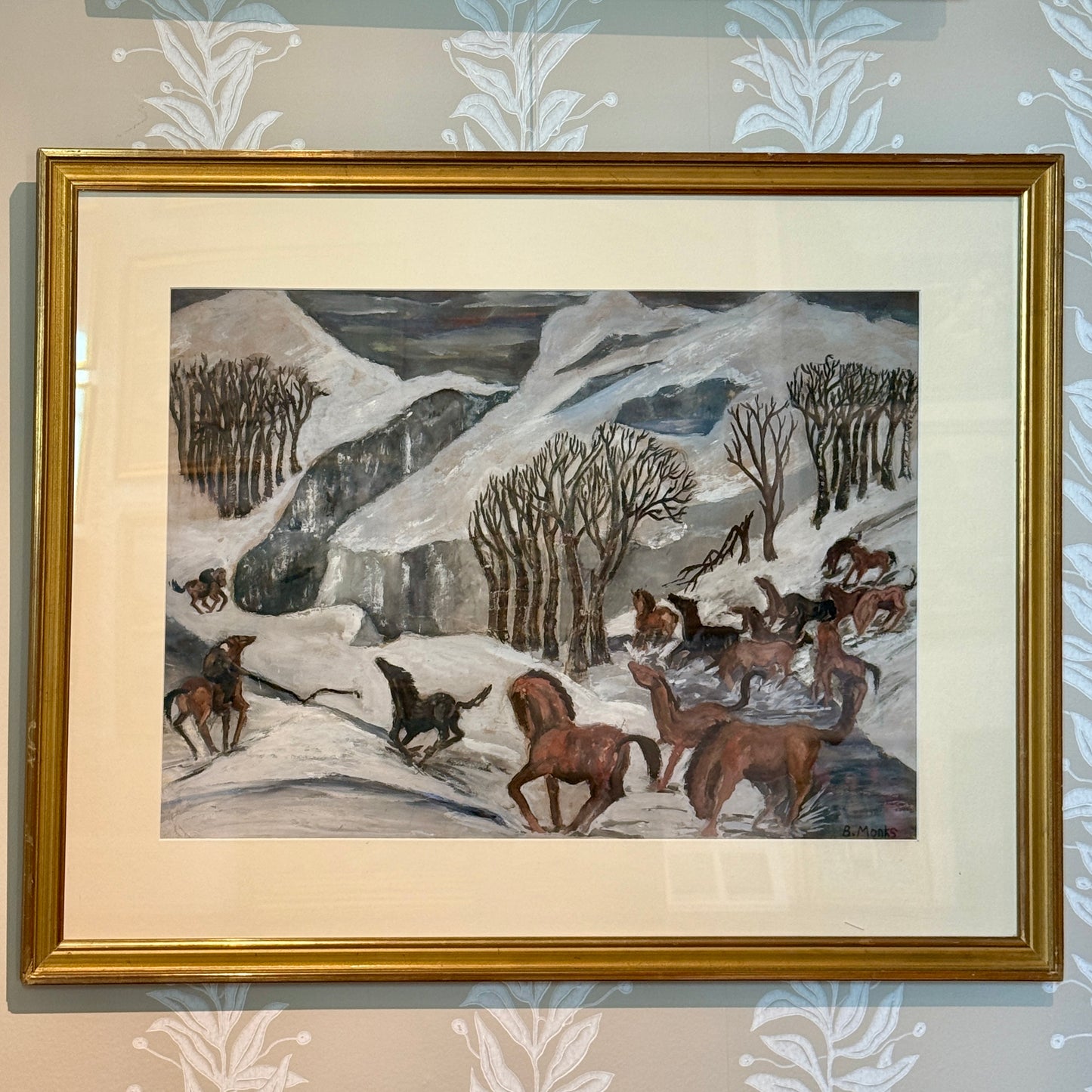 B. Monks Expressionist Wild Horses Oil Painting in Gold Frame
