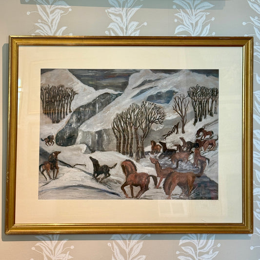 B. Monks Expressionist Wild Horses Oil Painting in Gold Frame