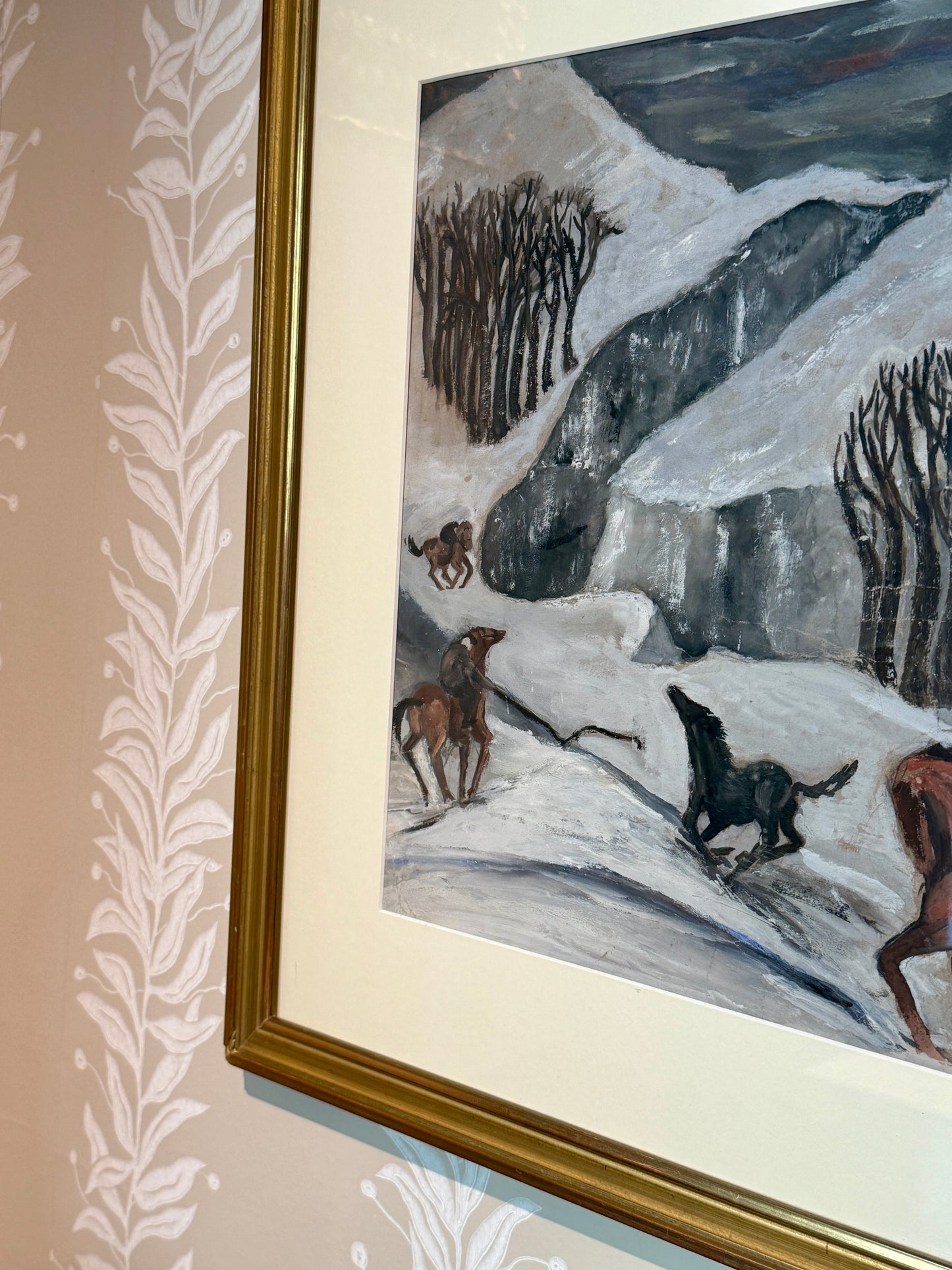 B. Monks Expressionist Wild Horses Oil Painting in Gold Frame