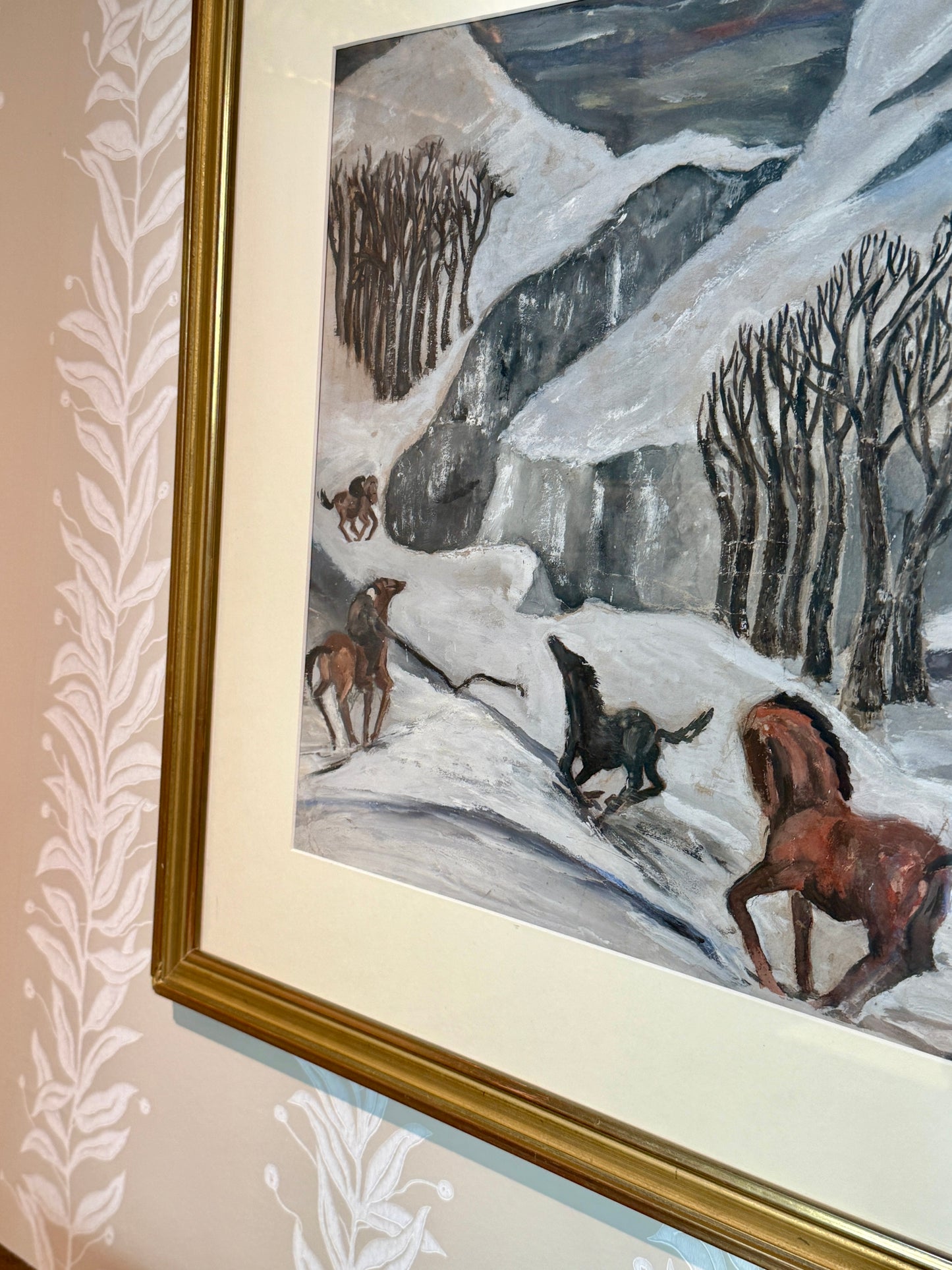 B. Monks Expressionist Wild Horses Oil Painting in Gold Frame