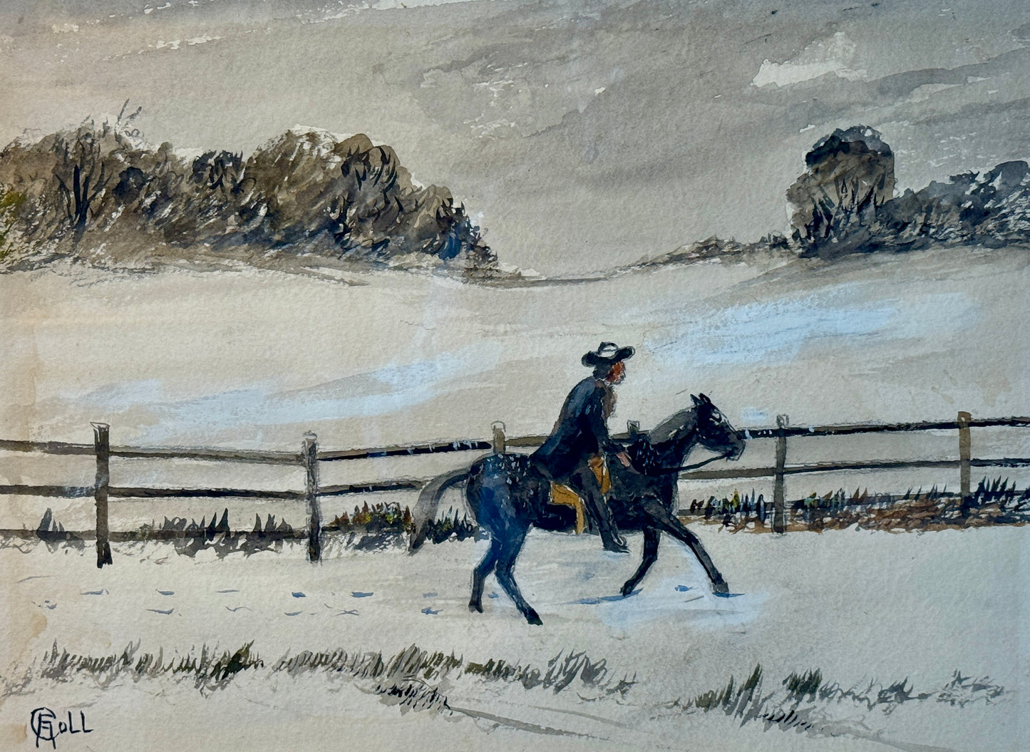 Early 20th Century Francis Coll Brandywine Pennsylvania in Winter Horseback Rider Watercolor and Gouache Painting in Gold Frame