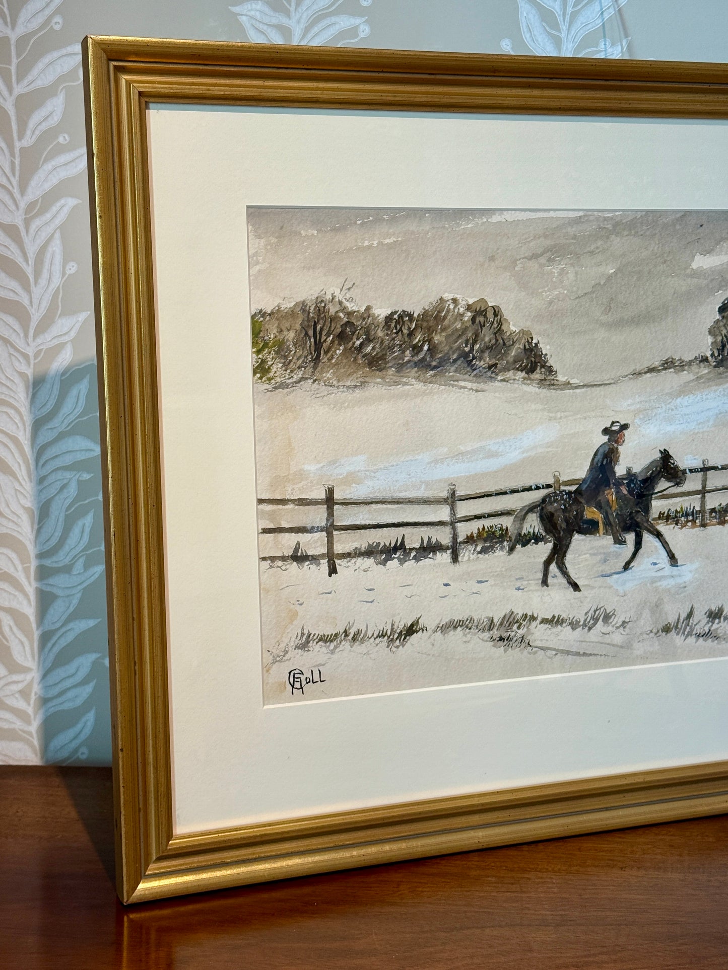 Early 20th Century Francis Coll Brandywine Pennsylvania in Winter Horseback Rider Watercolor and Gouache Painting in Gold Frame