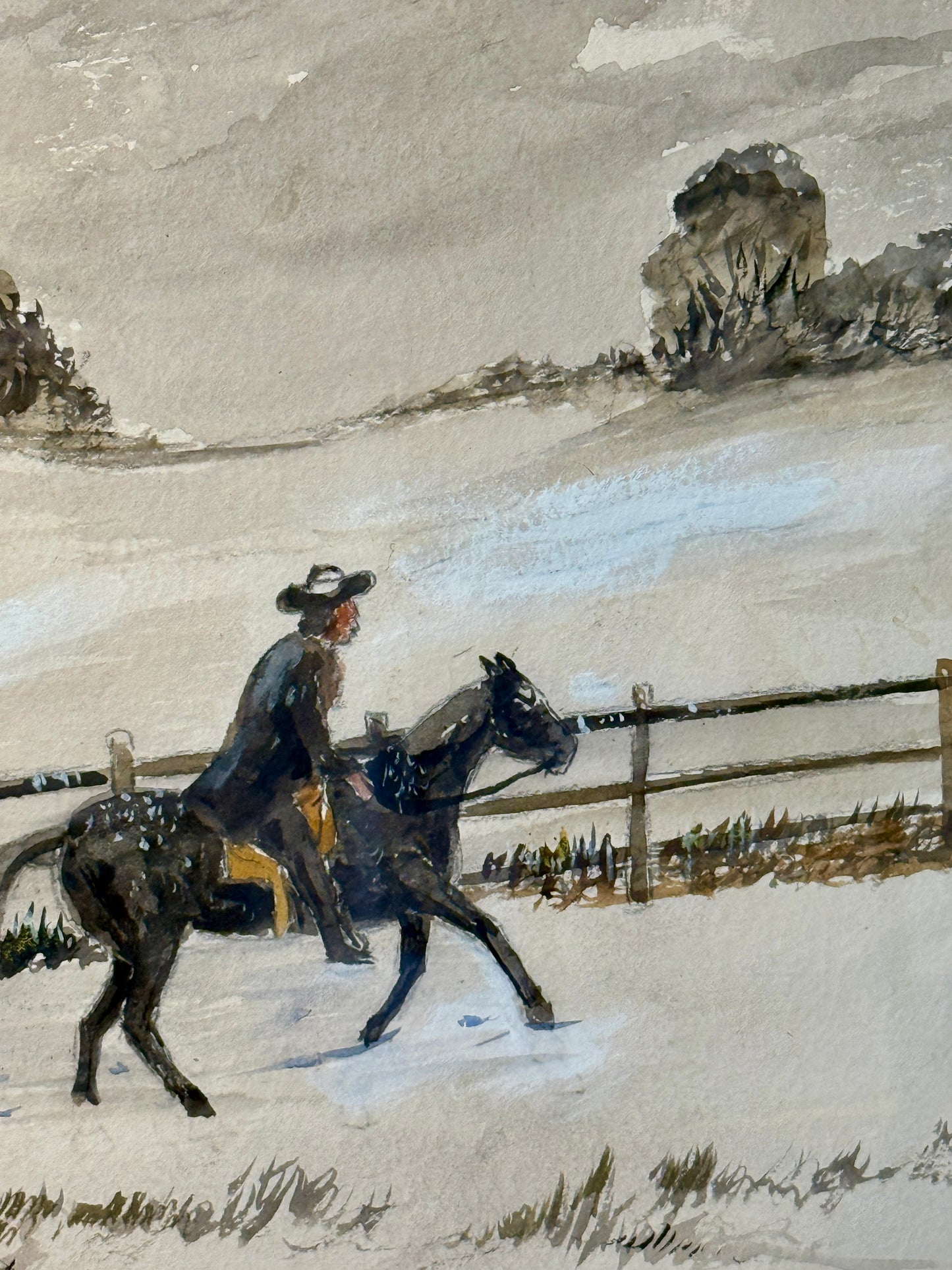 Early 20th Century Francis Coll Brandywine Pennsylvania in Winter Horseback Rider Watercolor and Gouache Painting in Gold Frame