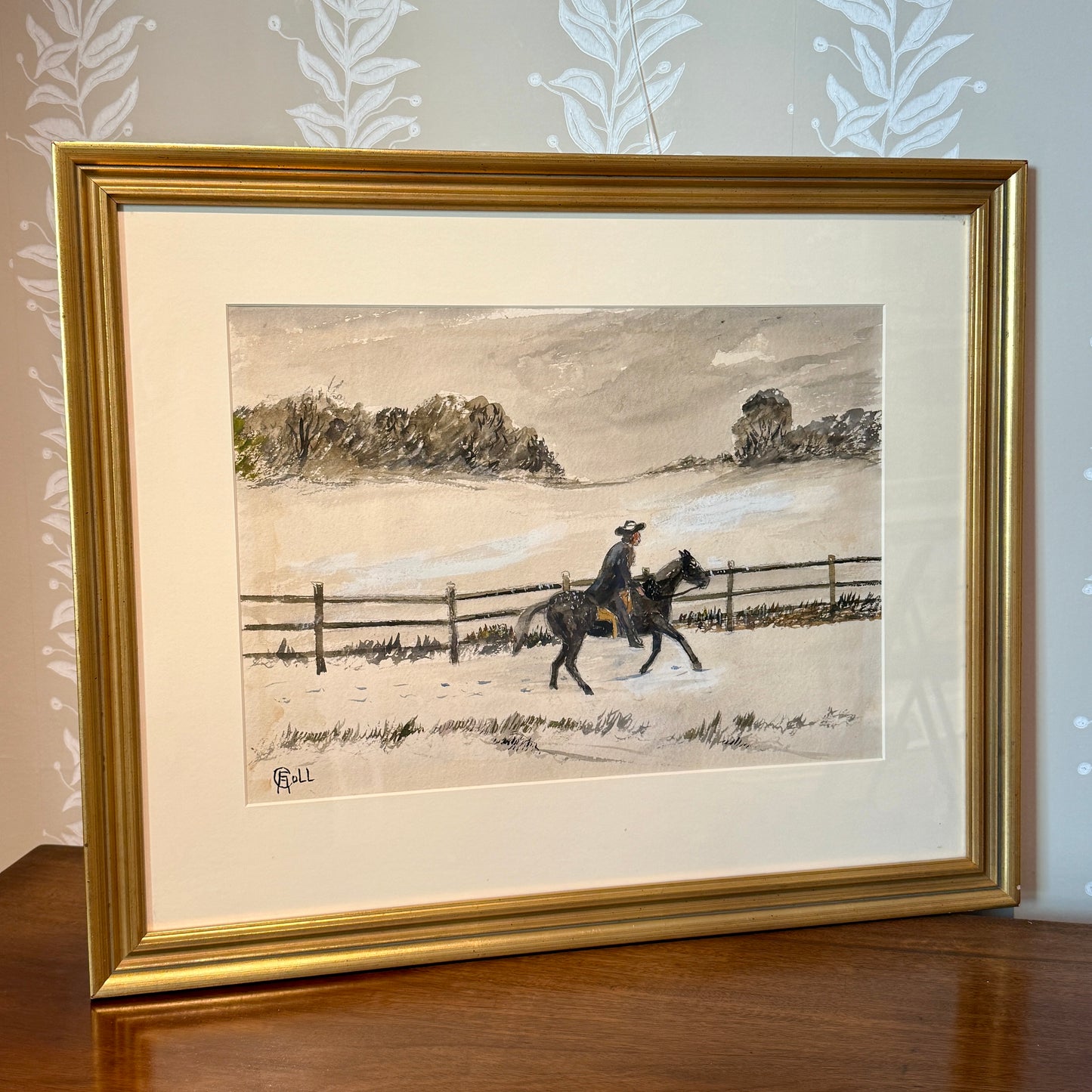 Early 20th Century Francis Coll Brandywine Pennsylvania in Winter Horseback Rider Watercolor and Gouache Painting in Gold Frame