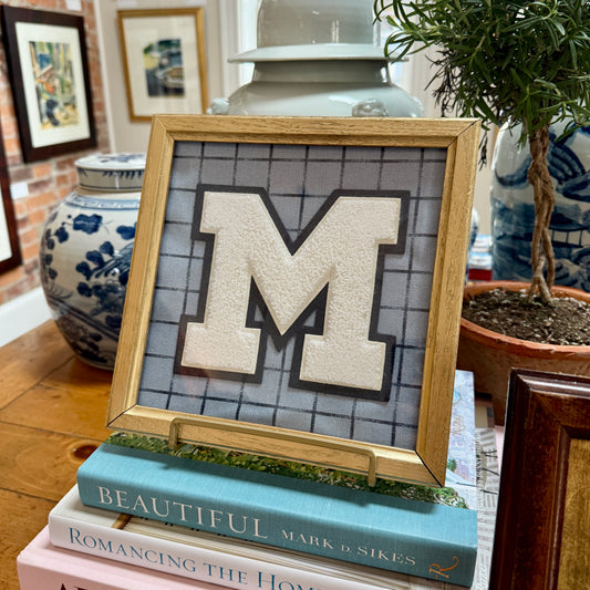 Vintage Varsity Letter Initial M on Blue Windowpane Check in Gold Frame