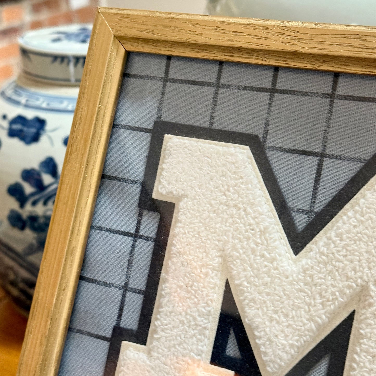 Vintage Varsity Letter Initial M on Blue Windowpane Check in Gold Frame