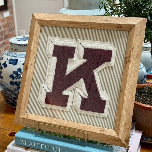 Vintage Large Varsity Letter Initial K on Taupe Ticking Stripes in Burlwood Frame