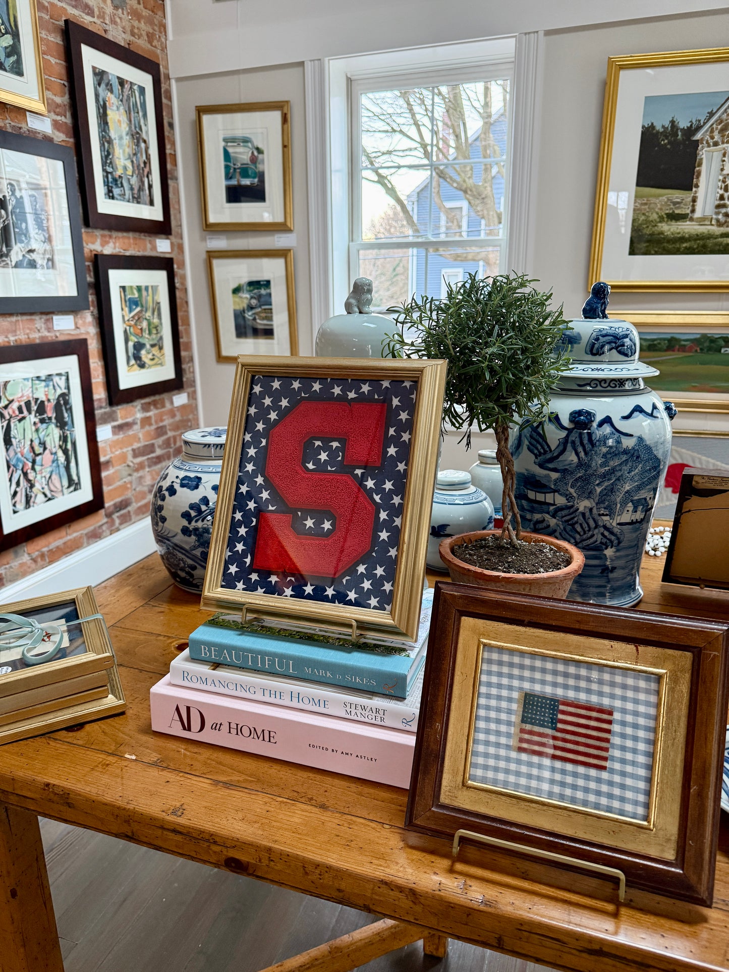 Vintage Large Varsity Letter Initial S on Navy Blue Star Fabric in Gold Frame