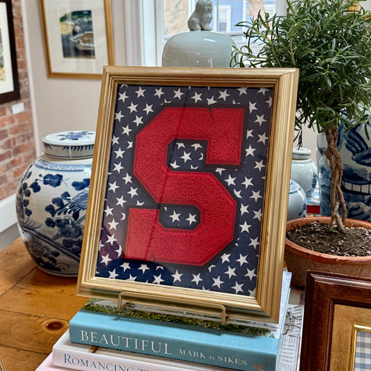 Vintage Large Varsity Letter Initial S on Navy Blue Star Fabric in Gold Frame