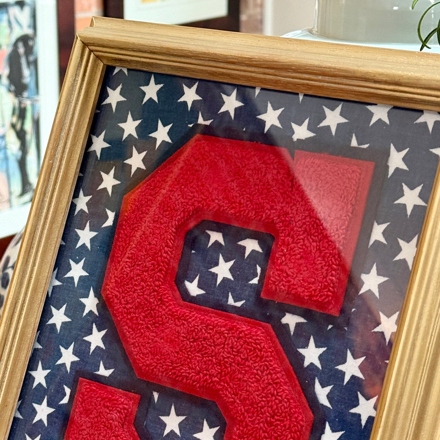 Vintage Large Varsity Letter Initial S on Navy Blue Star Fabric in Gold Frame