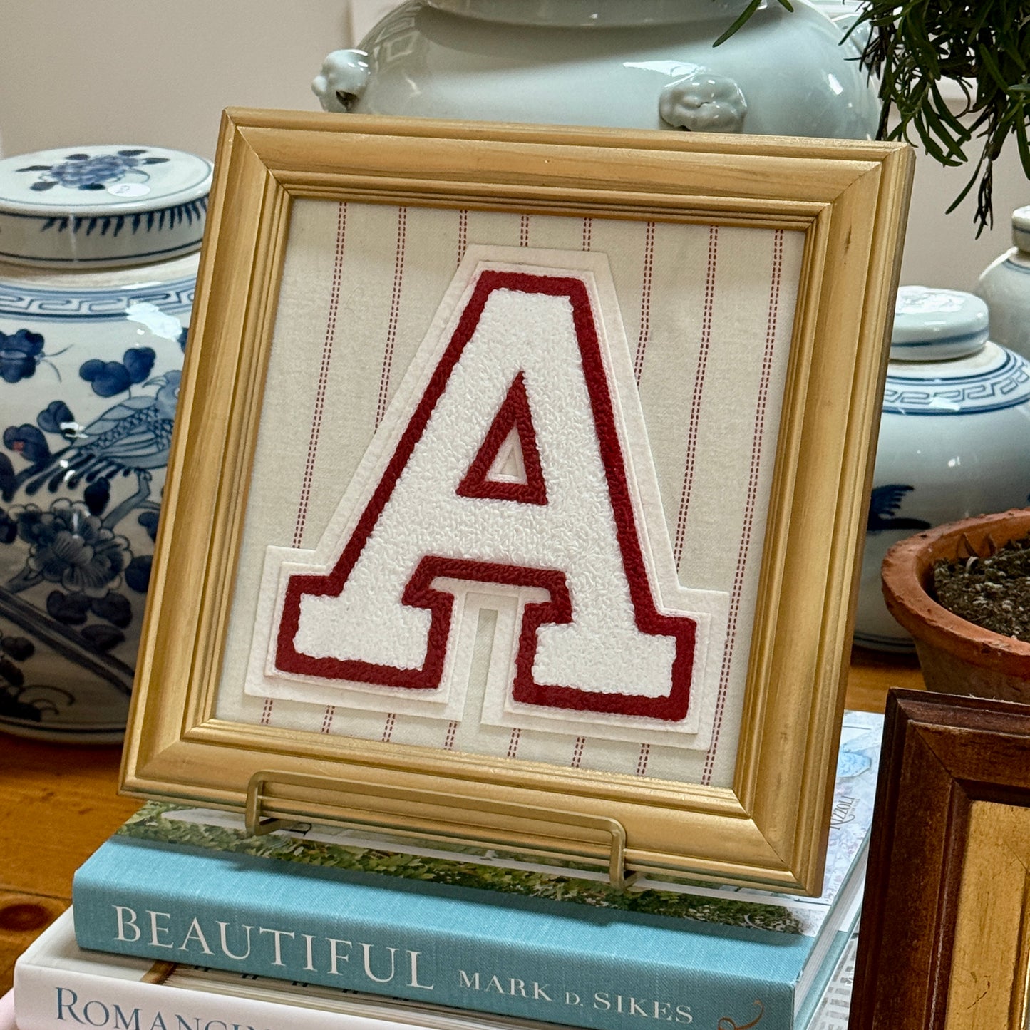 Vintage Varsity Letter Initial A on Red Stitched Stripes in Gold Frame