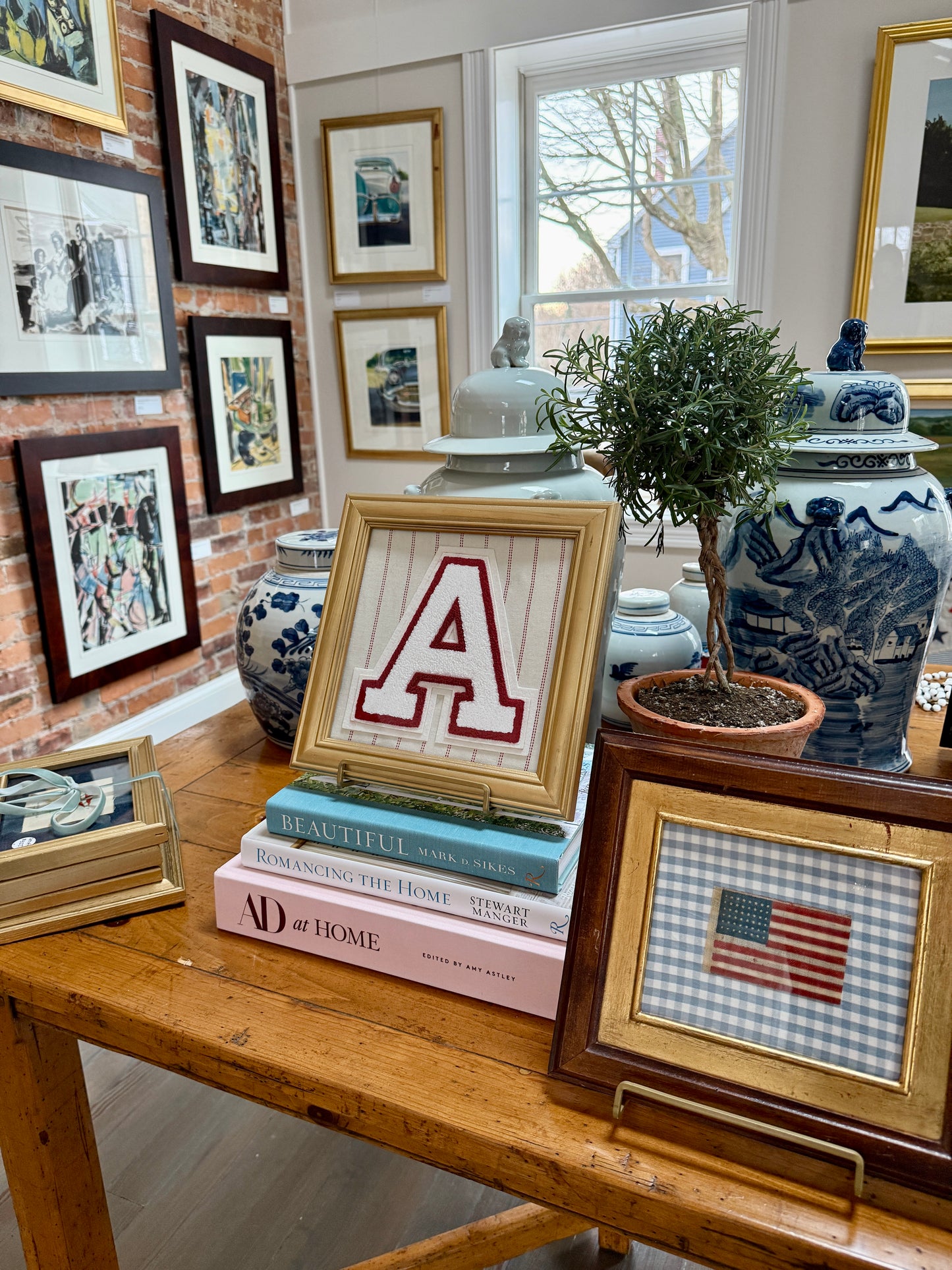 Vintage Varsity Letter Initial A on Red Stitched Stripes in Gold Frame