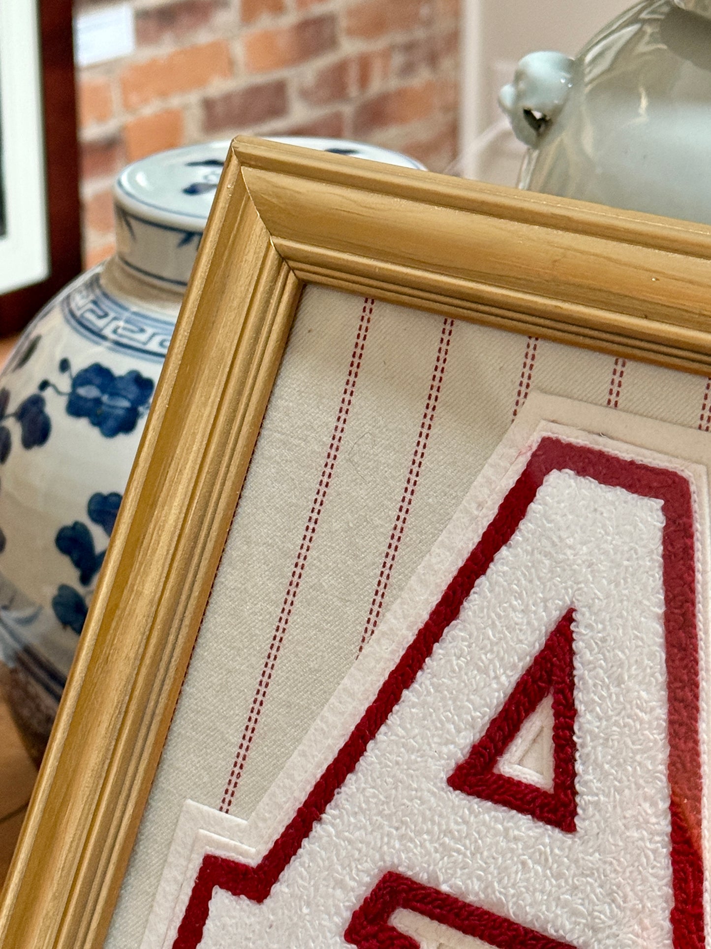 Vintage Varsity Letter Initial A on Red Stitched Stripes in Gold Frame