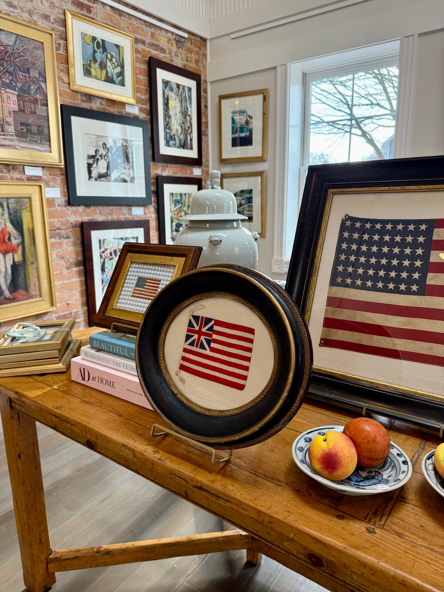Grand Union American Revolutionary War Flag in Antique Oval Black and Gilded Frame
