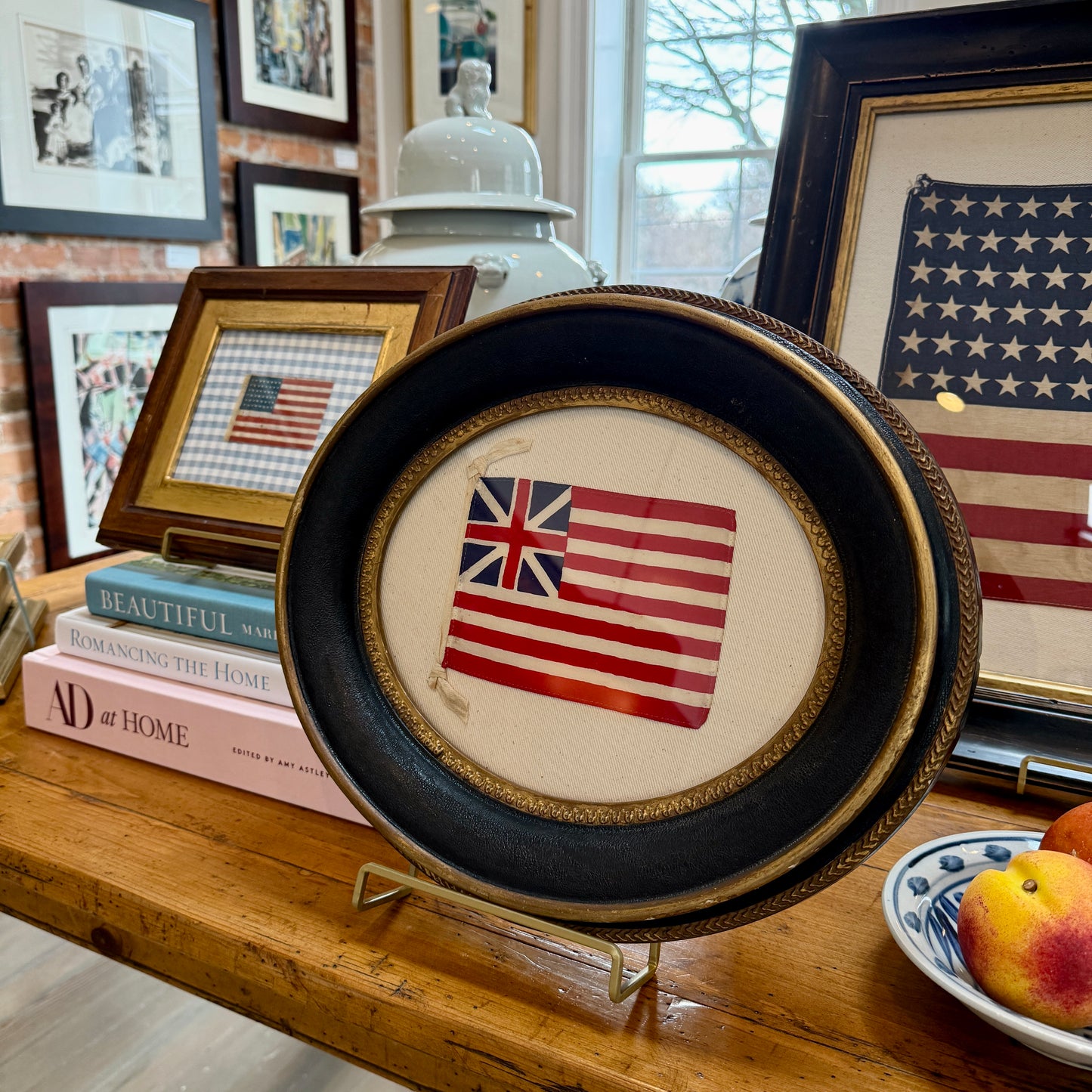 Grand Union American Revolutionary War Flag in Antique Oval Black and Gilded Frame