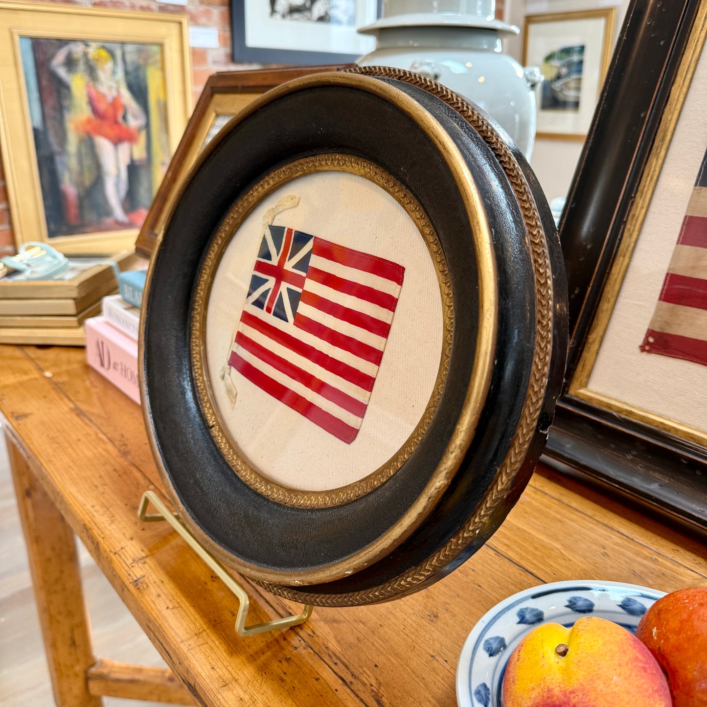 Grand Union American Revolutionary War Flag in Antique Oval Black and Gilded Frame