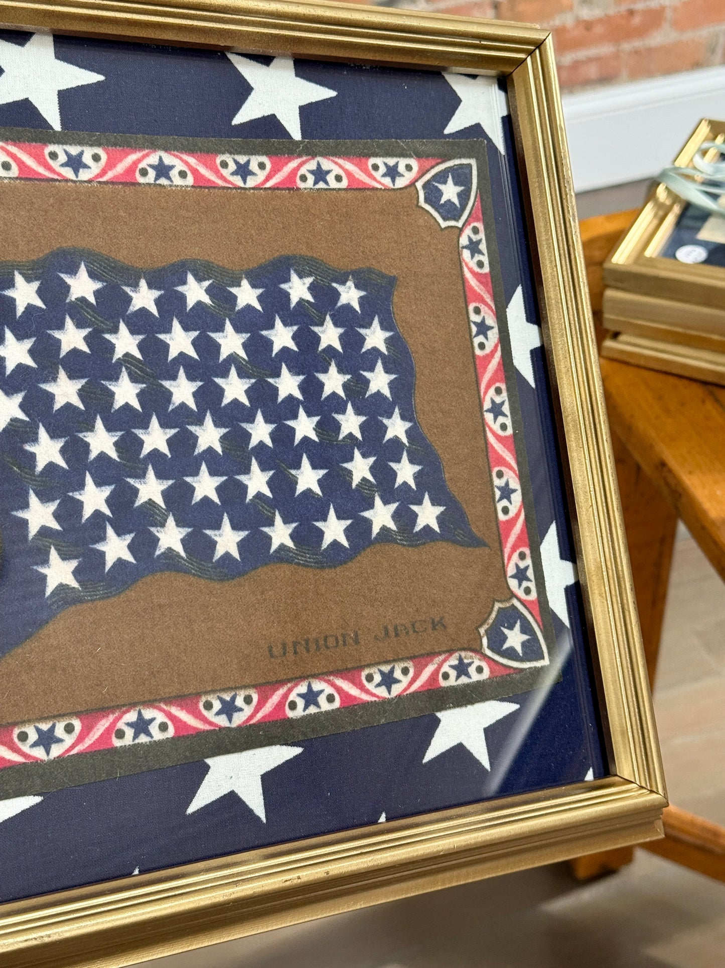 Antique Union Jack Felt on Blue and White Stars in Gold Frame