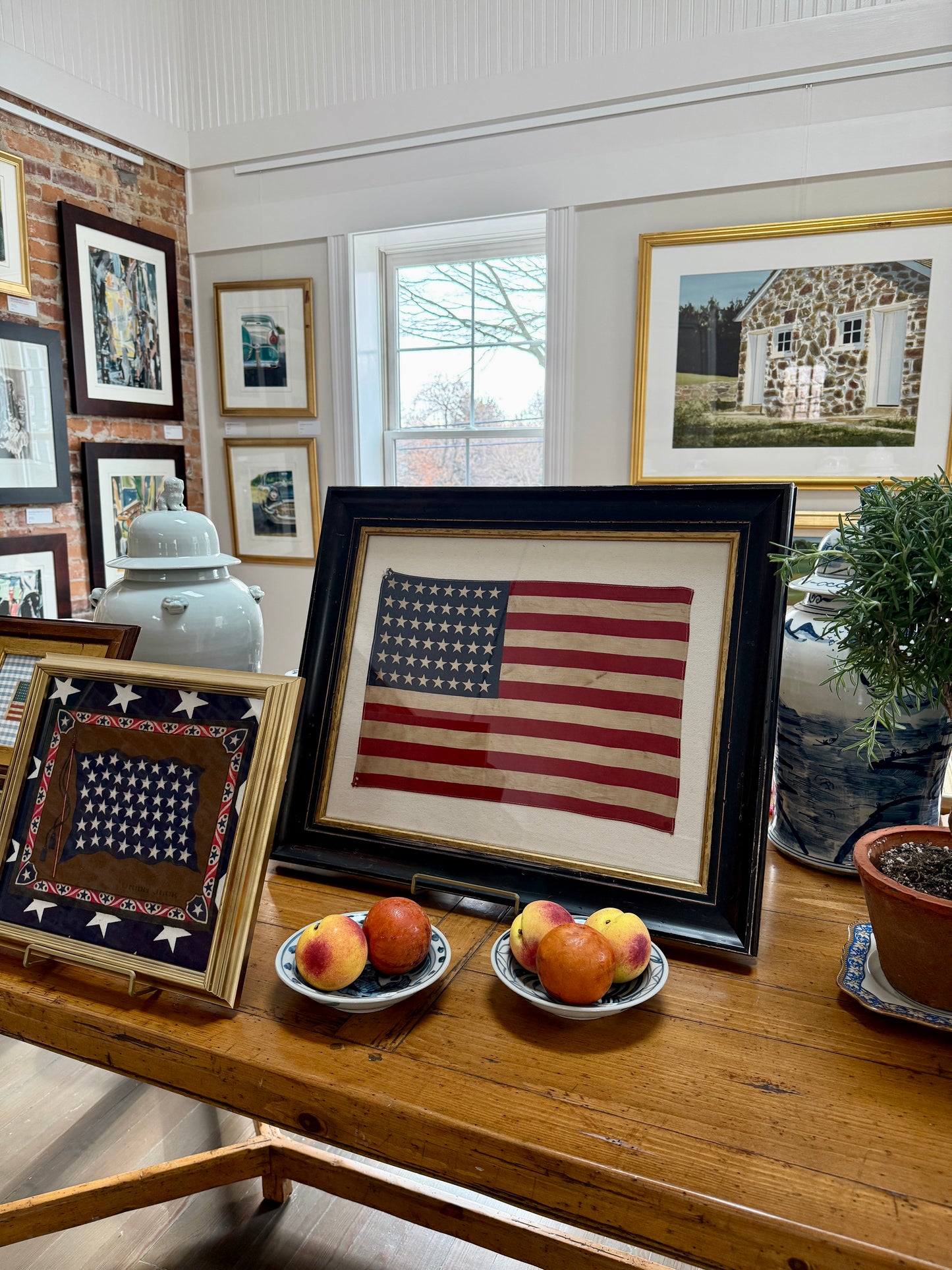 Large 48 Star American Flag on Ivory Twill in Black and Gilded Frame