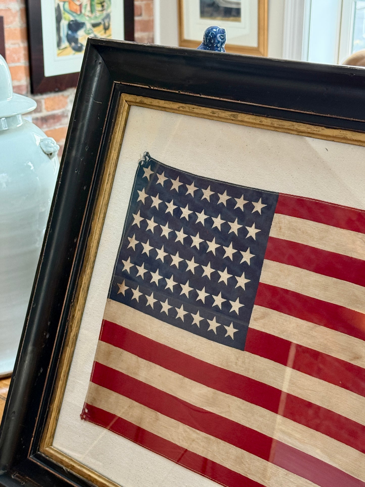Large 48 Star American Flag on Ivory Twill in Black and Gilded Frame