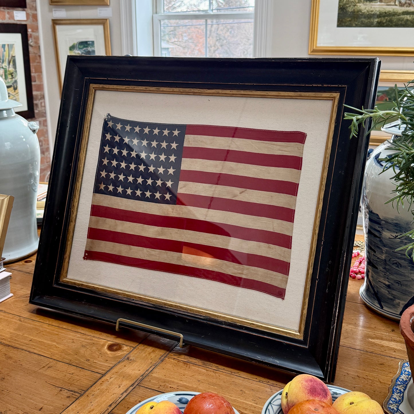 Large 48 Star American Flag on Ivory Twill in Black and Gilded Frame