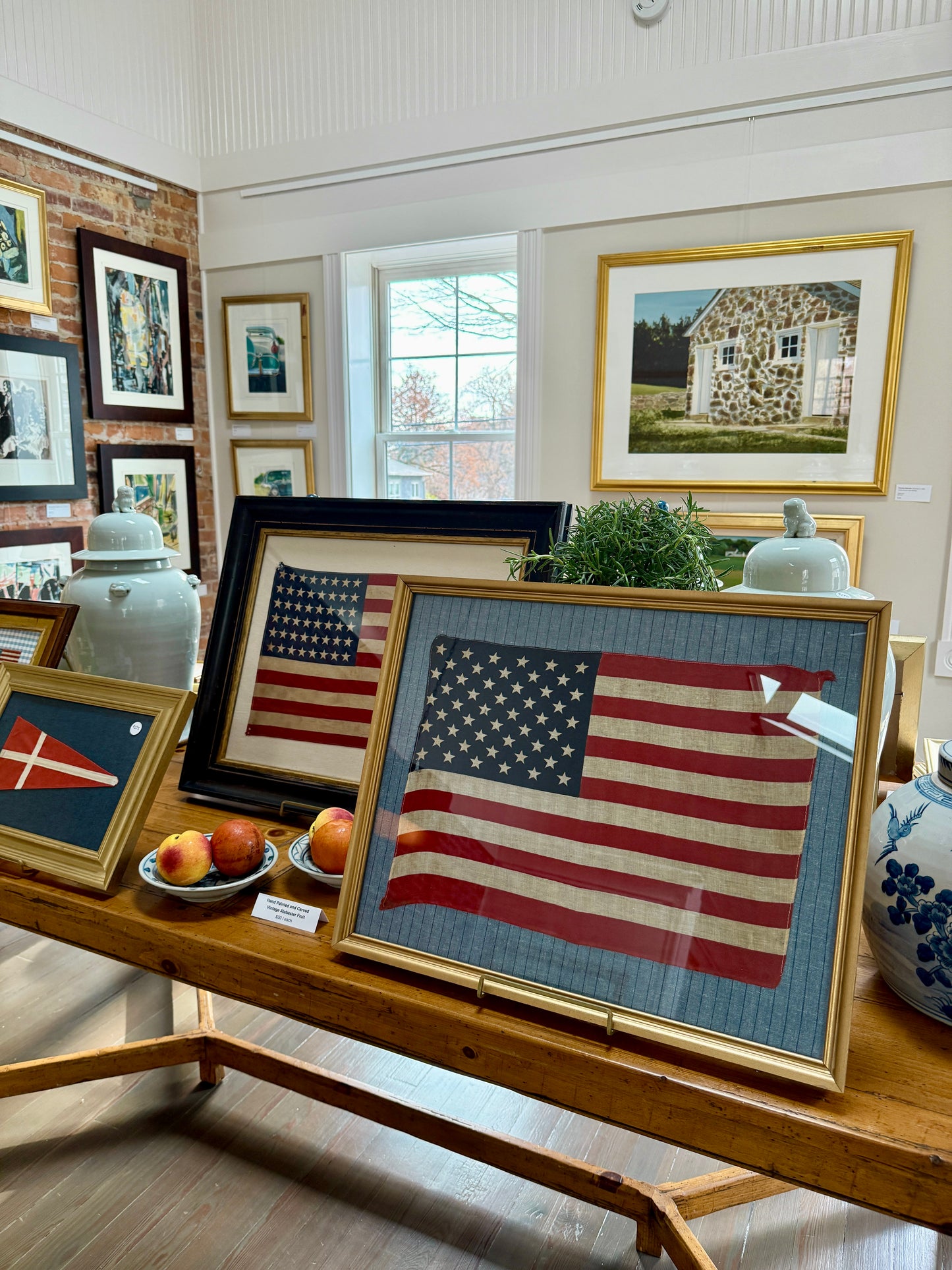 50 Star American Flag on Blue and Navy Pinstripes in Gold Frame