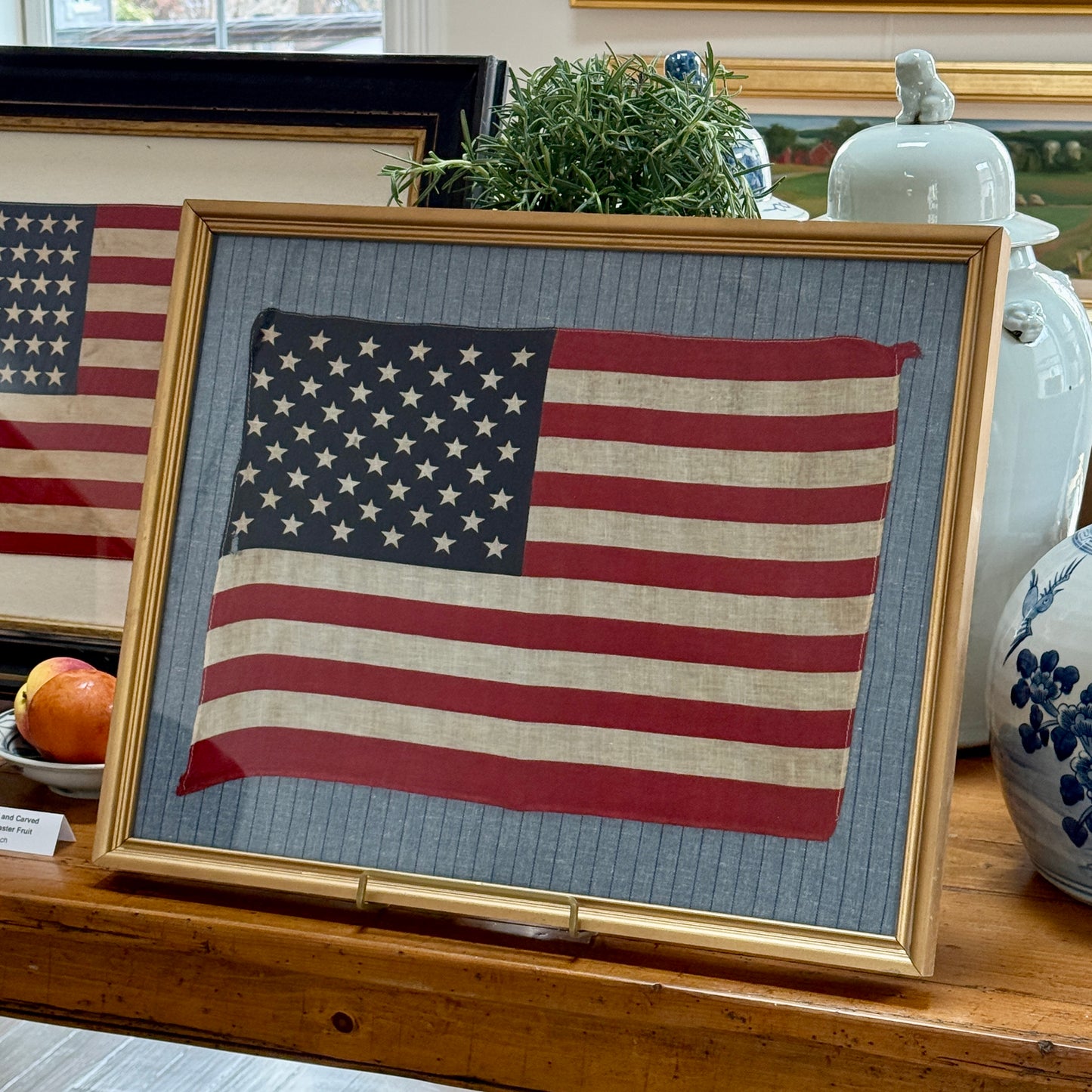 50 Star American Flag on Blue and Navy Pinstripes in Gold Frame