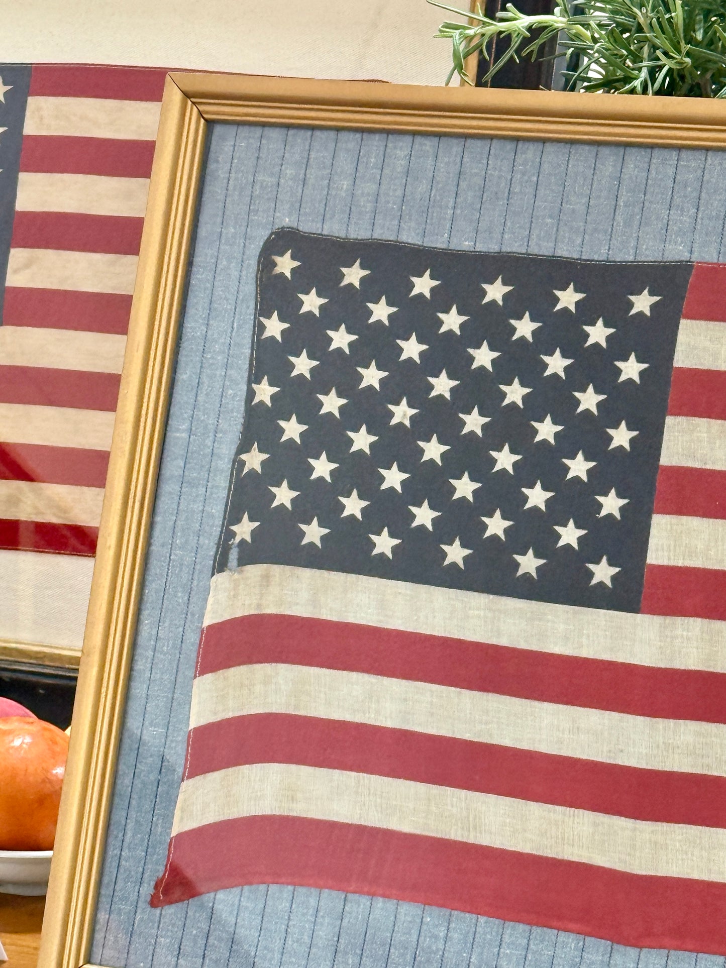50 Star American Flag on Blue and Navy Pinstripes in Gold Frame