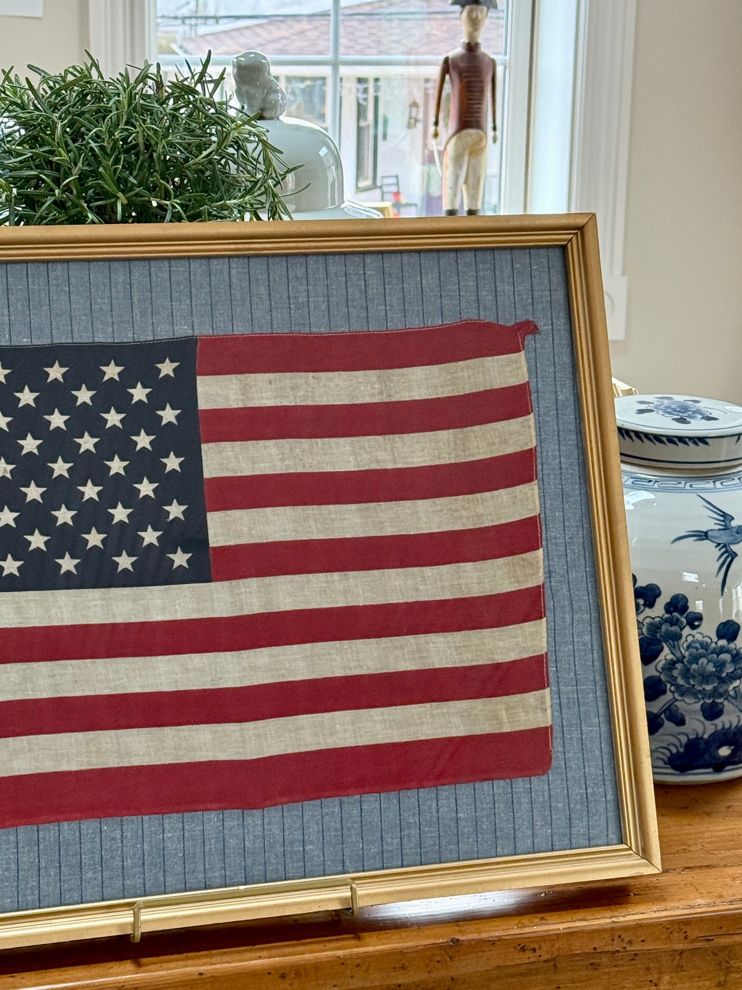 50 Star American Flag on Blue and Navy Pinstripes in Gold Frame