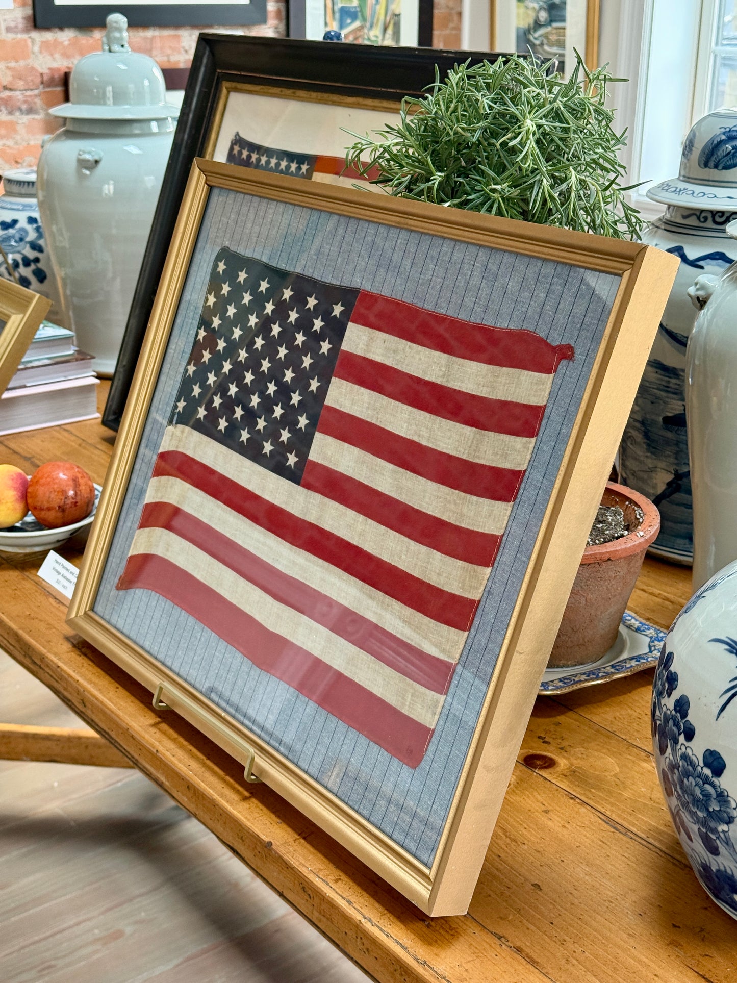 50 Star American Flag on Blue and Navy Pinstripes in Gold Frame