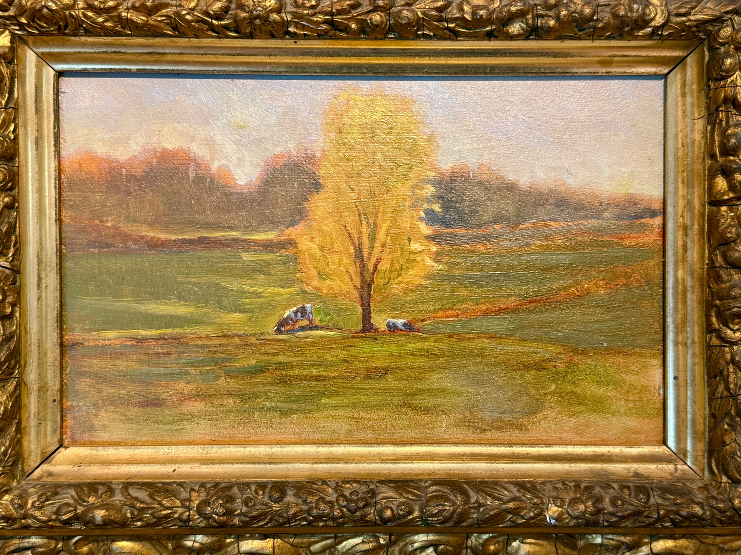 Michael Doyle Sunlit Cows in Autumn Landscape Oil Painting in Antique Giltwood Frame