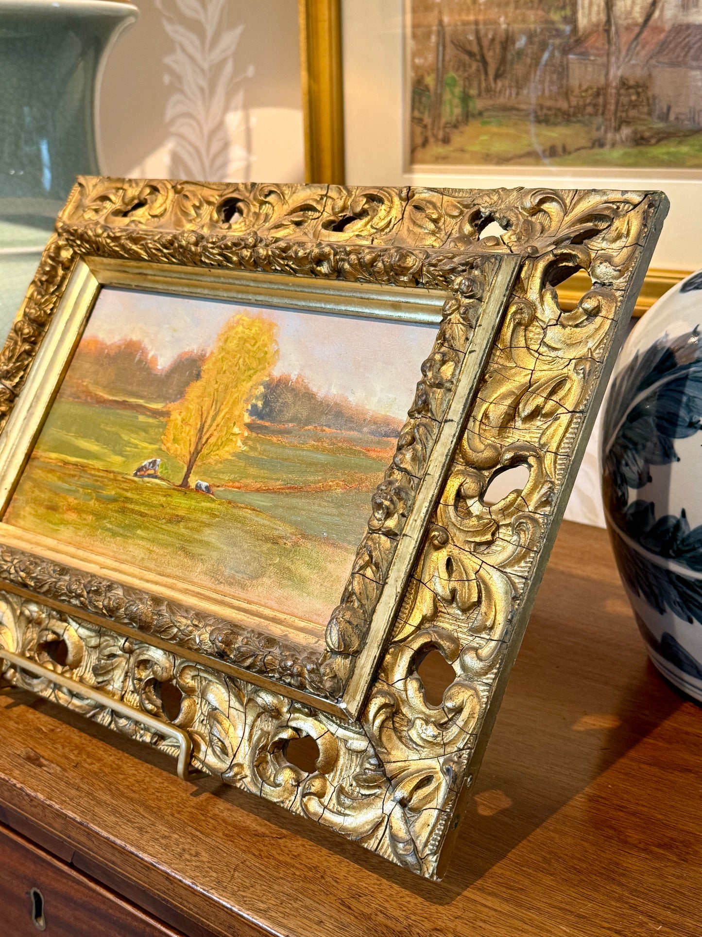 Michael Doyle Sunlit Cows in Autumn Landscape Oil Painting in Antique Giltwood Frame