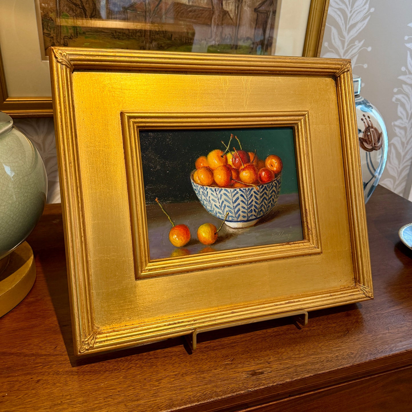 Youqing Wang Rainier Cherries in Blue and White Bowl Still Life Oil Painting in Gold Frame