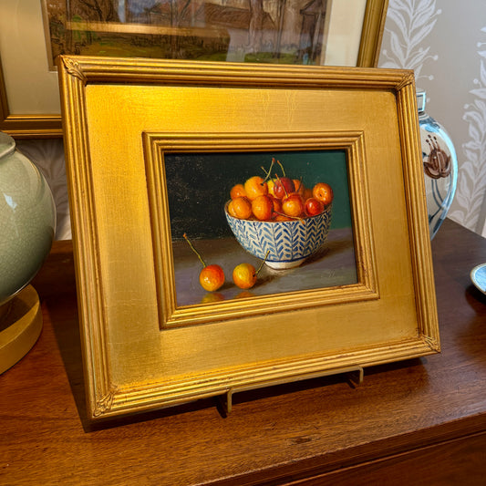 Youqing Wang Rainier Cherries in Blue and White Bowl Still Life Oil Painting in Gold Frame