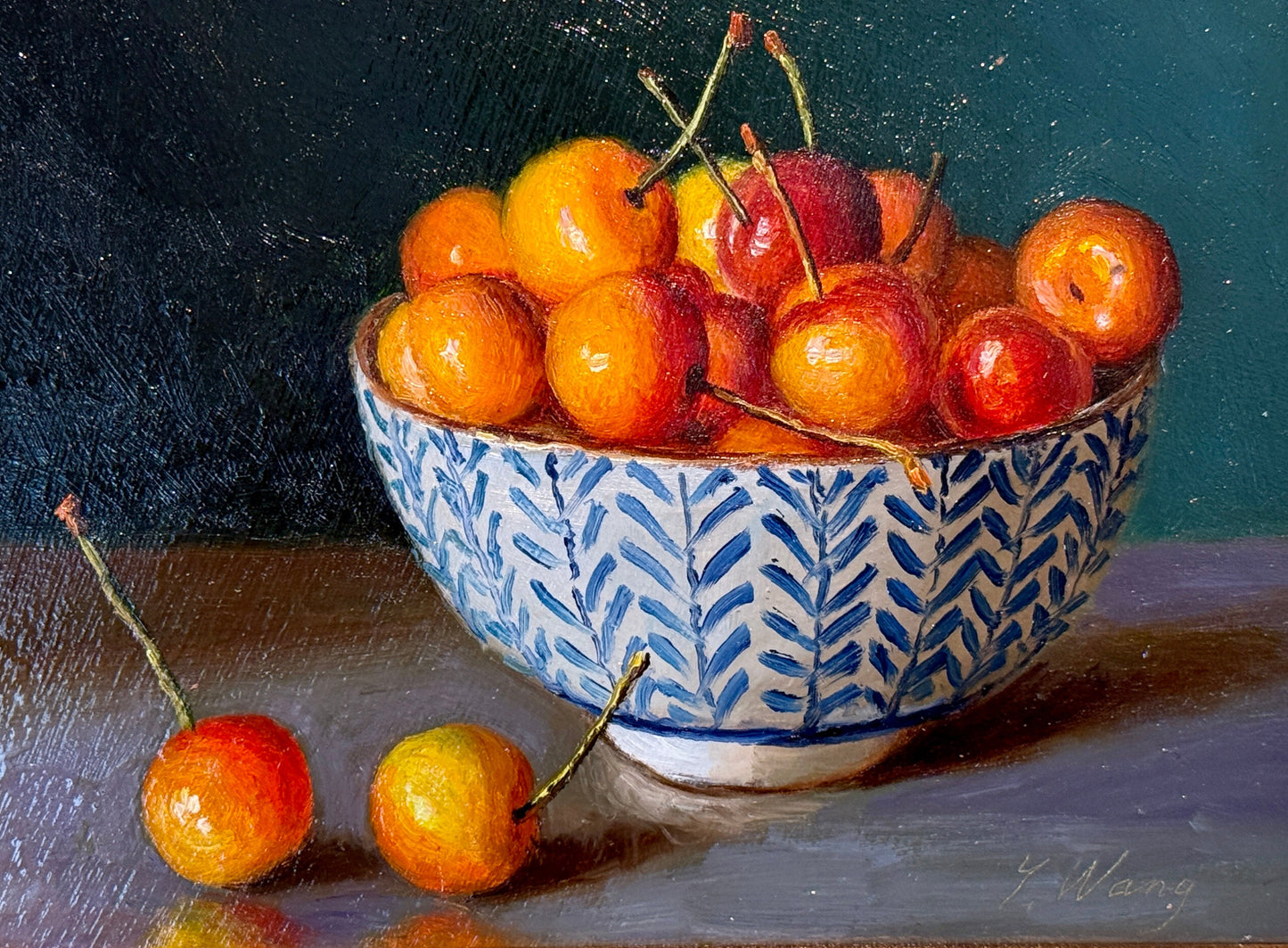 Youqing Wang Rainier Cherries in Blue and White Bowl Still Life Oil Painting in Gold Frame