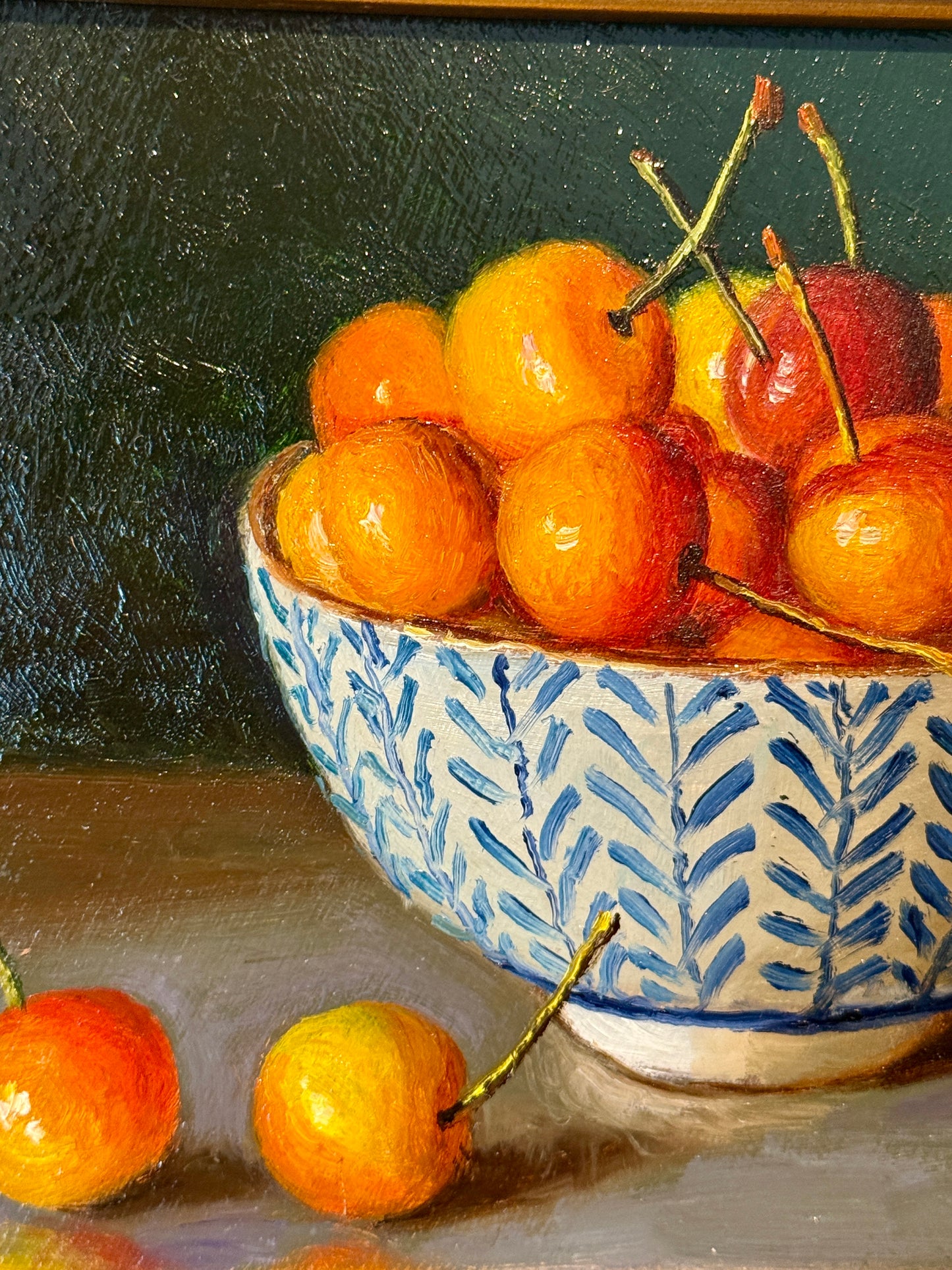 Youqing Wang Rainier Cherries in Blue and White Bowl Still Life Oil Painting in Gold Frame